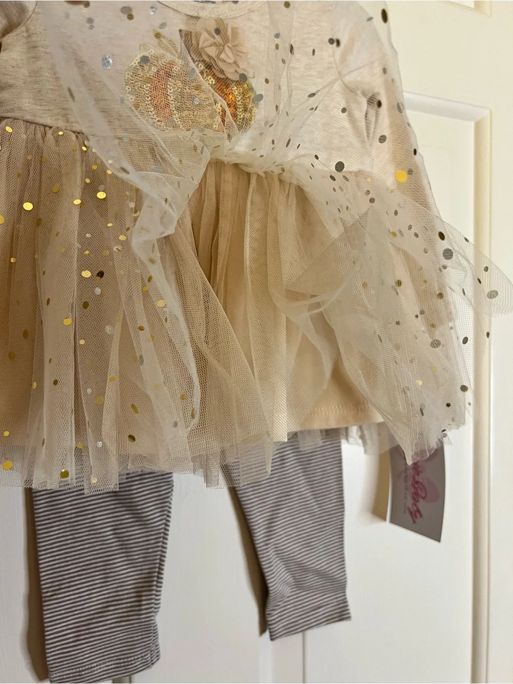 Bonnie Baby Cream and Gold Pumpkin Tulle Dress & Striped Leggings Set 3-6 month